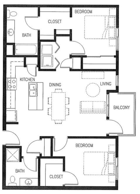 Floor plan for 2 beds, 2 baths, 972 sqft